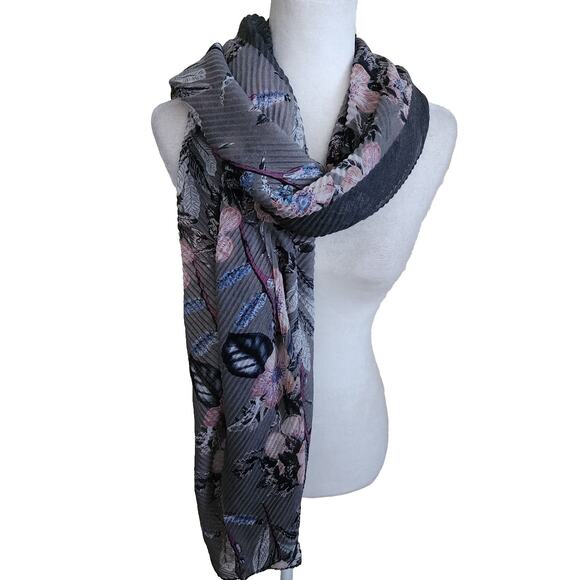 Lulla Collection By Bindya Lightweight Scarf Large Pleated Gray Pink Floral Soft - Picture 2 of 10